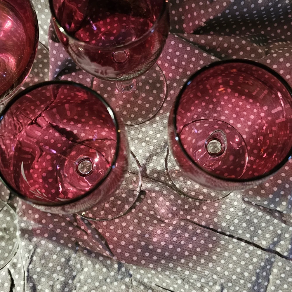 Ruby Red Etched Glass Decanter Set - 6 Stemmed Glasses